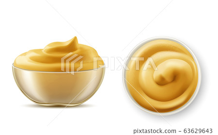Mustard sauce in bowl top view and side view set - Stock Illustration