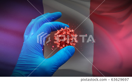 A hand in a medical glove holds a molecule, medical science concept, on background flag of France. 3D illustration. 63629697
