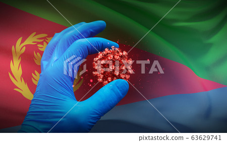 A hand in a medical glove holds a molecule, medical science concept, on background flag of Eritrea. 3D illustration. A hand in a medical glove holds a molecule, medical science concept, on background flag of Eritrea. 3D illustration. 63629741