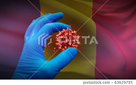 A hand in a medical glove holds a molecule, medical science concept, on background flag of Chad. 3D illustration. 63629785