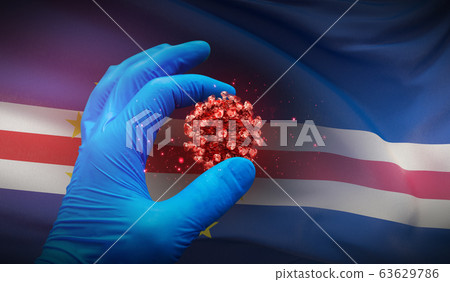 A hand in a medical glove holds a molecule, medical science concept, on background flag of Cape Verde. 3D illustration. 63629786
