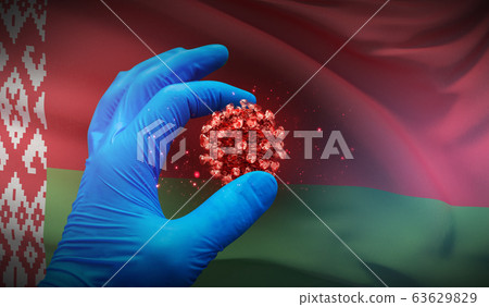 A hand in a medical glove holds a molecule, medical science concept, on background flag of Belarus. 3D illustration. A hand in a medical glove holds a molecule, medical science concept, on background flag of Belarus. 3D illustration. 63629829