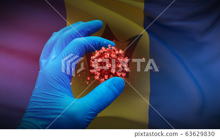 A hand in a medical glove holds a molecule, medical science concept, on background flag of Barbados. 3D illustration. A hand in a medical glove holds a molecule, medical science concept, on background flag of Barbados. 3D illustration. 63629830