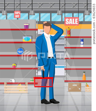 Interior of supermarket with empty shelves. Interior of supermarket with empty shelves. 63629833
