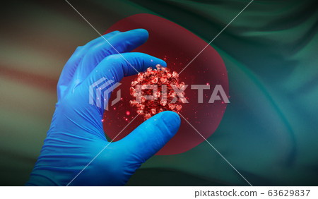 A hand in a medical glove holds a molecule, medical science concept, on background flag of Bangladesh. 3D illustration. 63629837