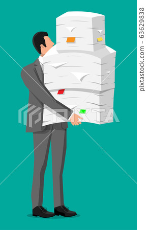 Stressed businessman with pile of office documents Stressed businessman with pile of office documents 63629838