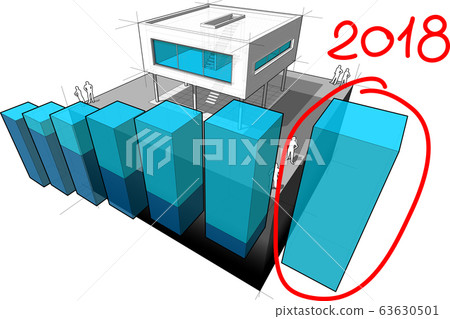 diagram of a modern house with rising abstract business diagram and hand drawn note 2018 over last diagram bar 63630501