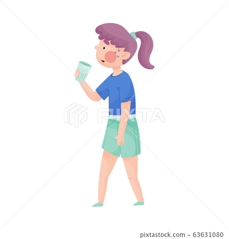 Young Girl Holding Glass of Cool Water and Drinking Vector Illustration 63631080