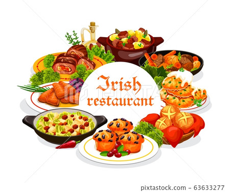 Irish cuisine meat, vegetable and fish food dishes 63633277