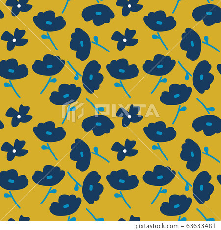 Seamless pattern with blue flowers on a yellow... - Stock Illustration ...