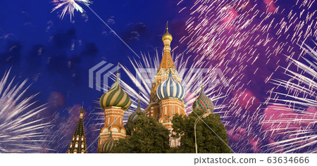 Cathedral of Intercession of Most Holy Theotokos on the Moat ( Temple of Basil the Blessed) and fireworks in honor of Victory Day celebration (WWII), Red Square, Moscow, Russia. Cathedral of Intercession of Most Holy Theotokos on the Moat ( Temple of Basil the Blessed) and fireworks in honor of Victory Day celebration (WWII), Red Square, Moscow, Russia. 63634666
