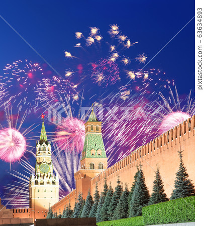 The Spasskaya Tower and fireworks in honor of Victory Day celebration (WWII), Red Square, Moscow, Russia The Spasskaya Tower and fireworks in honor of Victory Day celebration (WWII), Red Square, Moscow, Russia 63634893