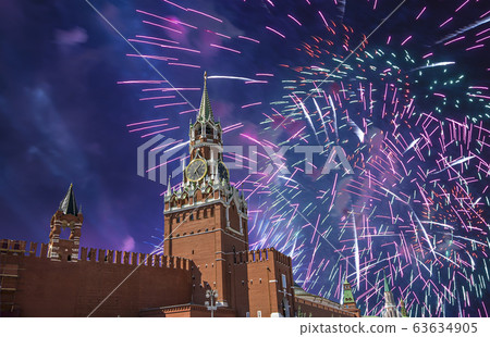 The Spasskaya Tower and fireworks in honor of Victory Day celebration (WWII), Red Square, Moscow, Russia The Spasskaya Tower and fireworks in honor of Victory Day celebration (WWII), Red Square, Moscow, Russia 63634905