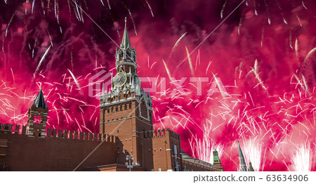 The Spasskaya Tower and fireworks in honor of Victory Day celebration (WWII), Red Square, Moscow, Russia The Spasskaya Tower and fireworks in honor of Victory Day celebration (WWII), Red Square, Moscow, Russia 63634906