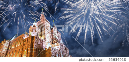 The building of the Museum and fireworks in honor of Victory Day celebration (WWII), Red Square, Moscow, Russia The building of the Museum and fireworks in honor of Victory Day celebration (WWII), Red Square, Moscow, Russia 63634918