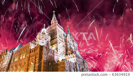 The building of the Museum and fireworks in honor of Victory Day celebration (WWII), Red Square, Moscow, Russia The building of the Museum and fireworks in honor of Victory Day celebration (WWII), Red Square, Moscow, Russia 63634919