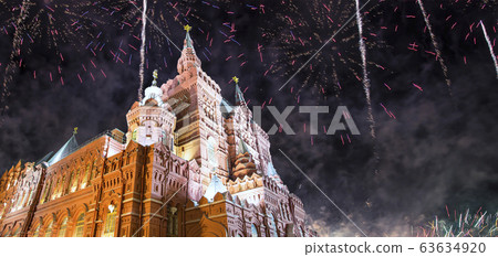 The building of the Museum and fireworks in honor of Victory Day celebration (WWII), Red Square, Moscow, Russia The building of the Museum and fireworks in honor of Victory Day celebration (WWII), Red Square, Moscow, Russia 63634920