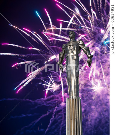 Fireworks over the Monument to Yuri Gagarin (42.5-meter high pedestal and statue), the first person to travel in space. It is located at Leninsky Prospekt in Moscow, Russia. 63634951