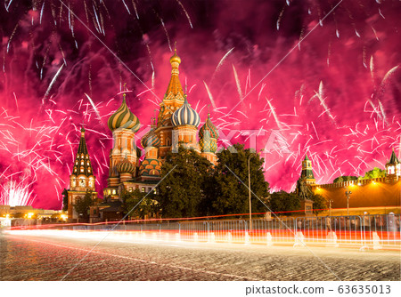 Cathedral of Intercession of Most Holy Theotokos on the Moat ( Temple of Basil the Blessed) and fireworks in honor of Victory Day celebration (WWII), Red Square, Moscow, Russia Cathedral of Intercession of Most Holy Theotokos on the Moat ( Temple of Basil the Blessed) and fireworks in honor of Victory Day celebration (WWII), Red Square, Moscow, Russia 63635013