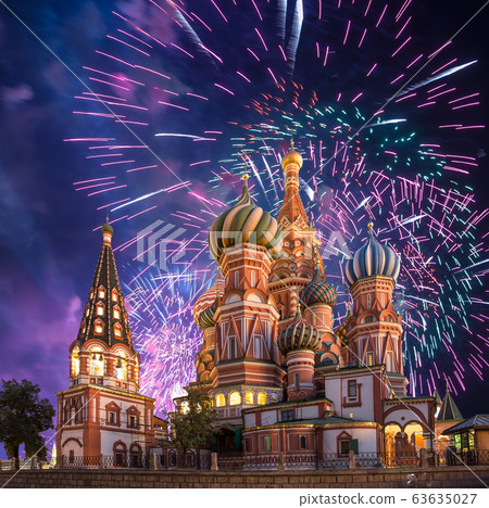 Cathedral of Intercession of Most Holy Theotokos on the Moat ( Temple of Basil the Blessed) and fireworks in honor of Victory Day celebration (WWII), Red Square, Moscow, Russia Cathedral of Intercession of Most Holy Theotokos on the Moat ( Temple of Basil the Blessed) and fireworks in honor of Victory Day celebration (WWII), Red Square, Moscow, Russia 63635027