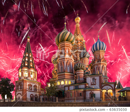 Cathedral of Intercession of Most Holy Theotokos on the Moat ( Temple of Basil the Blessed) and fireworks in honor of Victory Day celebration (WWII),  Red Square, Moscow, Russia 63635030