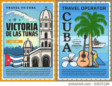 Cuba map, flag, Caribbean beach palm. Cuban travel 63635180