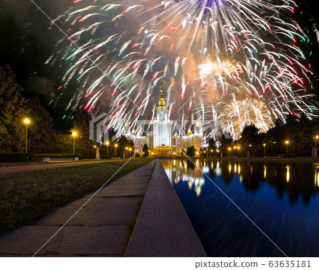 Lomonosov Moscow State University (main building) and fireworks in honor of Victory Day celebration (WWII),  Russia 63635181