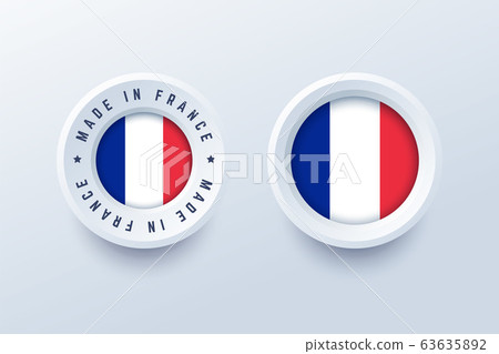 Made in France round label, badge, button, sticker with French national flag. 63635892
