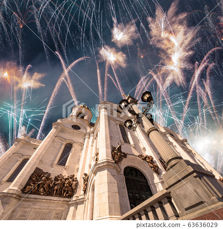 Fireworks over the Christ the Savior Cathedral , Moscow, Russia. Fireworks over the Christ the Savior Cathedral , Moscow, Russia. 63636029