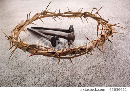 Jesus Christ Crown of thorns with three nails. Religion background. Easter symbol. Crucifixion Of Jesus Christ. Jesus Christ Crown of thorns with three nails. Religion background. Easter symbol. Crucifixion Of Jesus Christ. 63636611