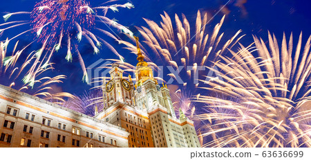 Fireworks over the Lomonosov Moscow State University on Sparrow Hills (at night), main building, Russia. Fireworks over the Lomonosov Moscow State University on Sparrow Hills (at night), main building, Russia. 63636699