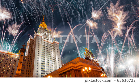 Fireworks over the Lomonosov Moscow State University on Sparrow Hills (at night), main building, Russia. Fireworks over the Lomonosov Moscow State University on Sparrow Hills (at night), main building, Russia. 63636722