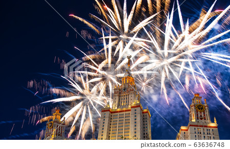 Fireworks over the Lomonosov Moscow State University on Sparrow Hills (at night), main building, Russia. 63636748