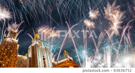 Fireworks over the Lomonosov Moscow State University on Sparrow Hills (at night), main building, Russia. 63636752