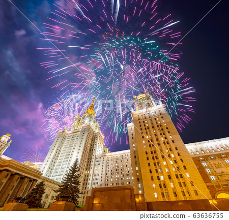 Fireworks over the Lomonosov Moscow State University on Sparrow Hills (at night), main building, Russia. 63636755