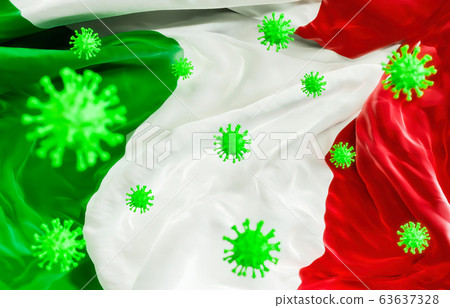 Abstract virus strain model of MERS-Cov or middle East respiratory syndrome coronavirus and Novel coronavirus 2019-nCoV. Italian Flag background. Abstract virus strain model of MERS-Cov or middle East respiratory syndrome coronavirus and Novel coronavirus 2019-nCoV. Italian Flag background. 63637328