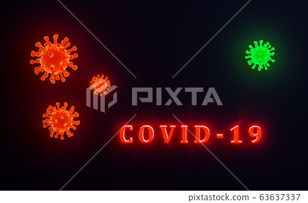 Image of Flu COVID-19 virus cell under the microscope on the blood.Coronavirus Covid-19 outbreak influenza background. 3D Render background. 63637337