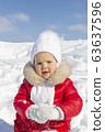 Winter activities for children. A little girl is trying to make a snowball. She is dressed in a bright red coat with a white hat and scarf and mittens. Wonderful pastime in the winter. Portrait 63637596