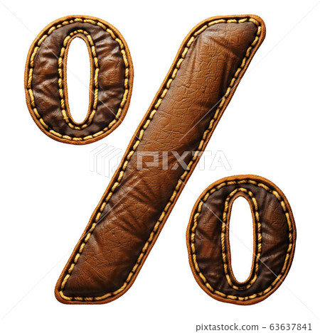 Symbol percent made of leather. 3D render font with skin texture isolated on white background. 63637841