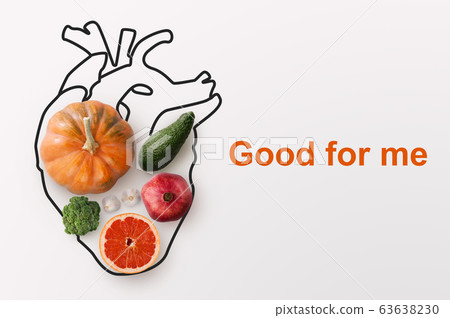 Healthy nutrition and cardiology. Creative collage with fruits, vegetables and heart drawing on white background Healthy nutrition and cardiology. Creative collage with fruits, vegetables and heart drawing on white background 63638230