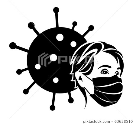 Covid-19 creative concept. Coronavirus symbol design: human face in medical mask and bacteria (microbes) on background. Isolated black and white vector illustration 63638510