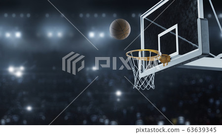 3d render Basketball hit the basket in slow motion on the background of flashes of cameras 63639345