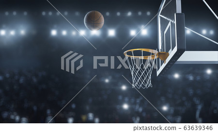 3d render Basketball hit the basket in slow motion on the background of flashes of cameras 63639346