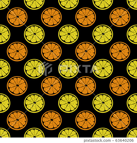 Creative seamless Citrus vector pattern. White lemon on orange slice on black background. Tropical fruit with hot summer mood. For the original, decorative backdrop, cards, packagings, prints, etc. 63640206