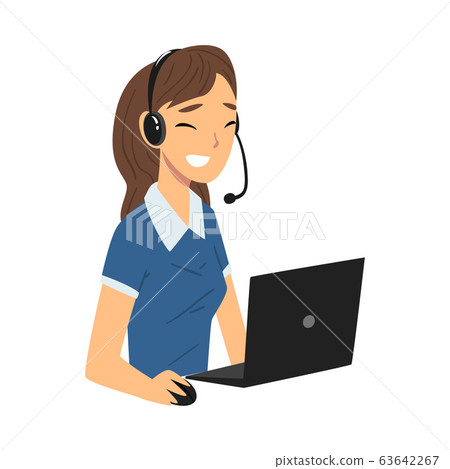 Smiling Female Call Center Operator, Customer Support Service Assistant with Headset Consulting Client, Help Desk, Online Technical Support Vector Illustration 63642267