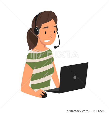 Female Call Center Operator, Customer Support Service Assistant with Headset, Help Desk, Online Technical Support Vector Illustration 63642268