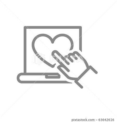 Laptop with heart and hand cursor line icon. Customer satisfaction, positive feedback symbol Laptop with heart and hand cursor line icon. Customer satisfaction, positive feedback symbol 63642616
