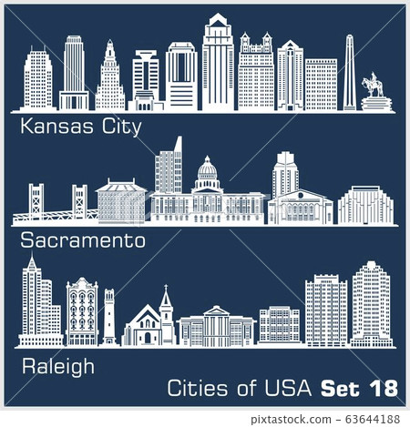 Cities of USA - Kansas City, Sacramento, Raleigh. Detailed architecture. Trendy vector illustration. 63644188