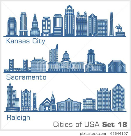 Cities of USA - Kansas City, Sacramento, Raleigh. Detailed architecture. Trendy vector illustration. 63644197
