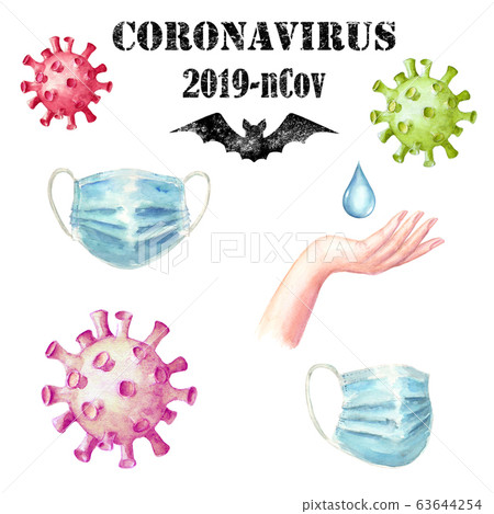 Coronavirus 2019-nCoV set with black lettering, hand drawn watercolor bat, face mask, cells, hand, water drop 63644254
